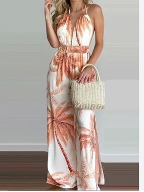 CBR Women's Floral Haltered Wide Leg Slit Jumpsuit Palm Print Backless